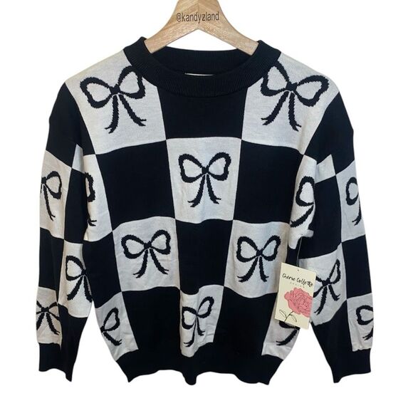 CHERIE COLLETTE Women’s Checkered Black White Bow Sweater - Picture 1 of 3